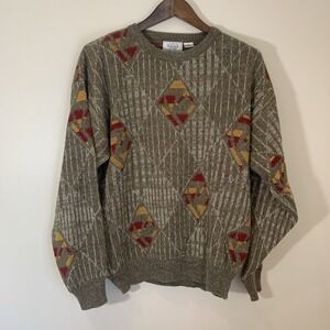 Vintage The Mens Store at Sears Sweater‎ XL Pullover Tan Geometric Print Grandpa